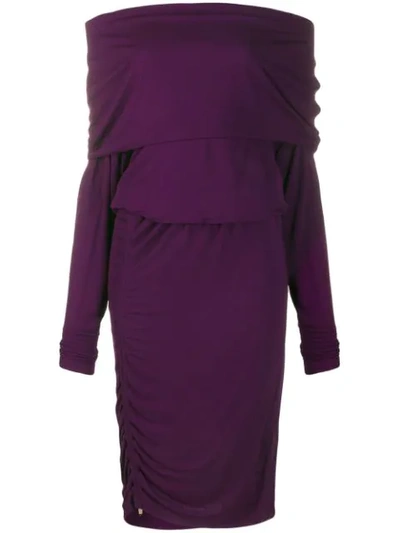 Roberto Cavalli Ruched Style Off-shoulder Dress In Purple