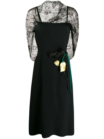 Prada Floral Appliqué Midi Dress In Black