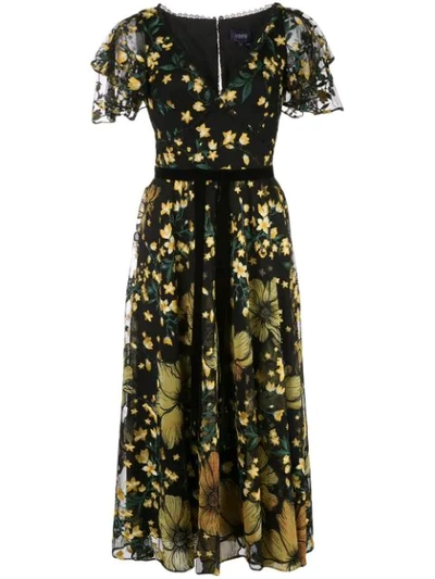 Marchesa Notte Floral-print Bow Detail Dress In Black ,yellow