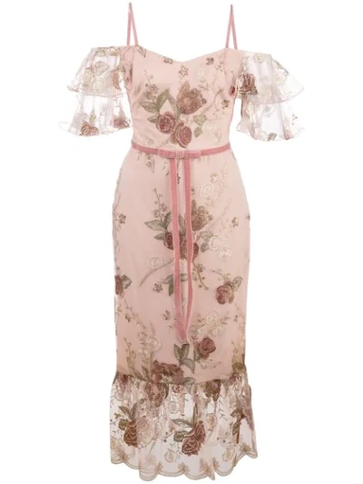Marchesa Notte Embroidered Floral Bow-detail Dress In Pink