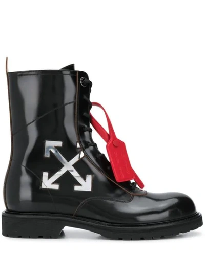 Off-white Arrow Logo Combat Boots In Black Silver