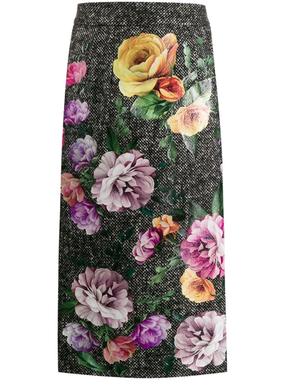 Dolce & Gabbana Tweed Floral Print Skirt In Grey
