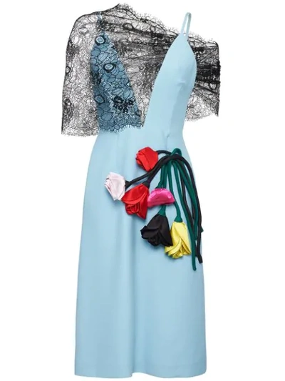 Prada Flower Embellishments Lace And Cady Dress In Blue