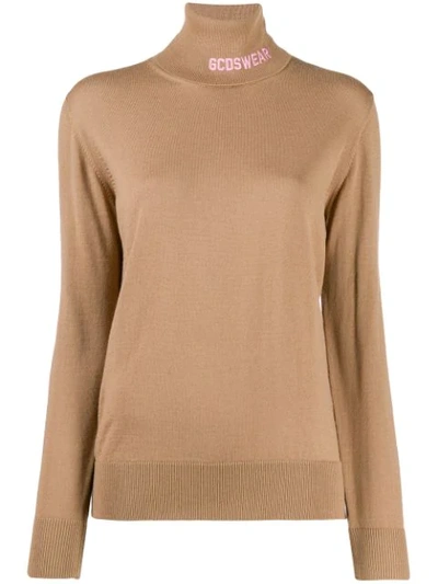 Gcds Logo Knit Roll Neck Jumper In Neutrals