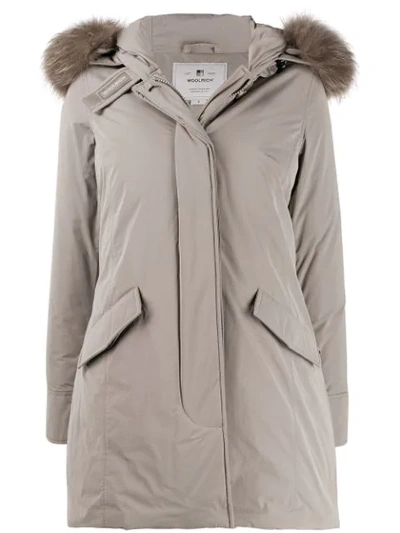 Woolrich Fur-trimmed Hooded Zip-up Coat In Neutrals