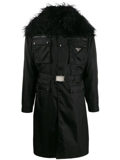 Prada Trimmed Collar Belted Trench In Black