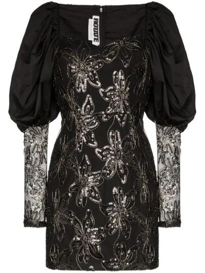 Rotate Birger Christensen Sequin Embellished Puff Shoulder Mini Dress In Black
