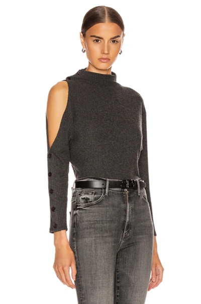 Enza Costa Rib Long Sleeve High Neck Exposed Shoulder Top In Charcoal