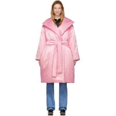 Balenciaga Long Belted Nylon Satin Puffer Coat In Pink