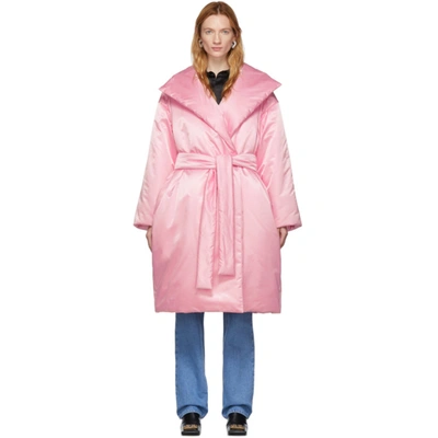 Balenciaga Long Belted Nylon Satin Coat In Pink |