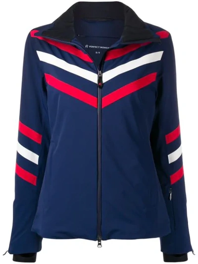 Perfect Moment Detachable-hood Chevron-striped Padded Ski Jacket In Navy