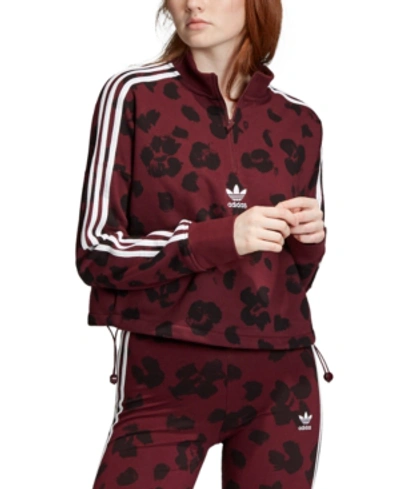 Adidas Originals Triple Stripe Floral Half-zip Sweatshirt In Maroon/black