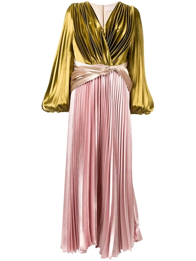 Peter Pilotto Contrast-panel Pleated Metallic Satin-crepe Gown In Rosa