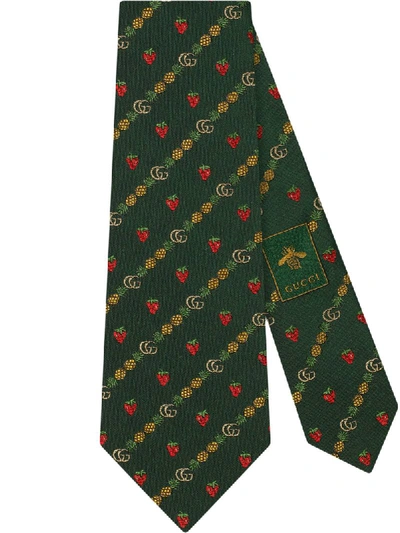 Gucci Double G, Pineapples And Strawberries Silk Tie In Green
