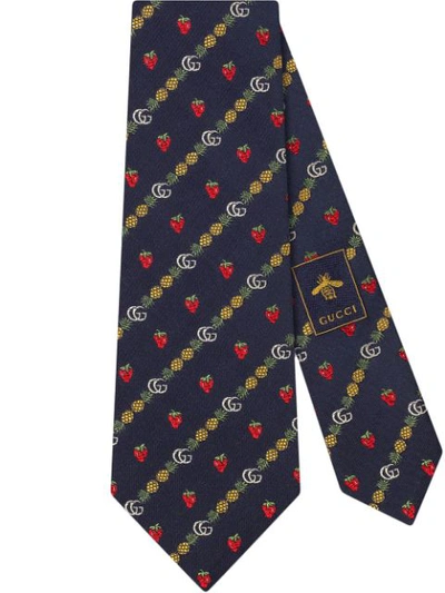 Gucci Double G, Pineapples And Strawberries Silk Tie In Blue