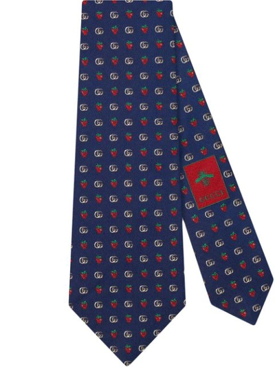 Gucci Double G And Strawberries Silk Tie In Blue