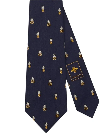 Gucci Double G And Pineapples Silk Tie In 4100 Blu