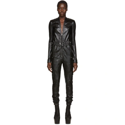 Rick Owens Leather Cargo Jogger Jumpsuit In 09 Black