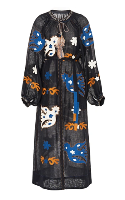 Vita Kin Parrot Appliquéd Embroidered Linen Midi Dress In Black