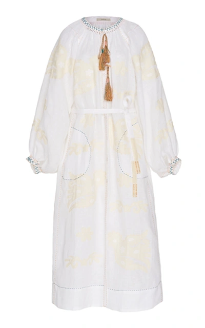 Vita Kin Parrot Appliquéd Embroidered Linen Midi Dress In White
