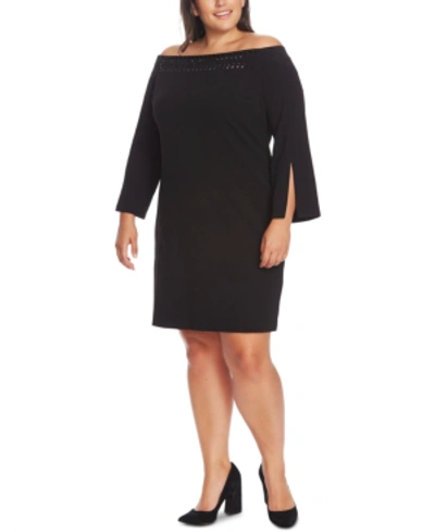 Vince Camuto Embellished Off The Shoulder Long Sleeve Dress In Rich Black