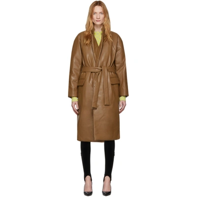 Pushbutton Brown Faux-leather Hoody Coat