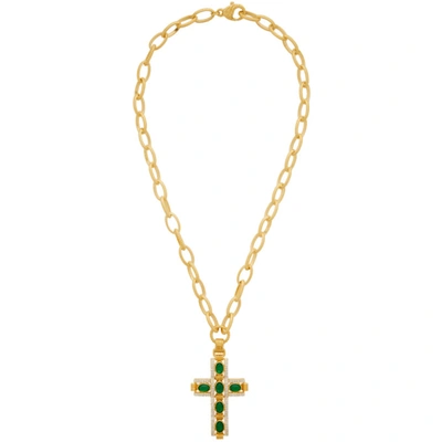 Gucci Gold And Green Cabochan Stone Cross Necklace In 8525 Gold