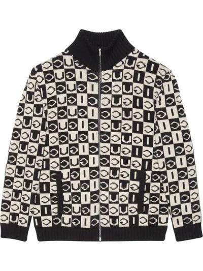 Gucci Logo Wool Jacquard Zip-up Jacket In Black