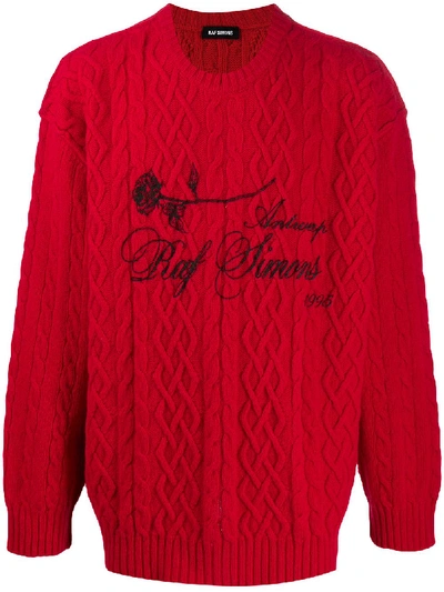 Raf Simons Printed Virgin Wool Aran Knit Sweater In 红色