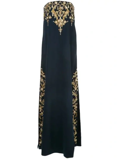 Oscar De La Renta Strapless Golden-embroidered Column Gown In Navy