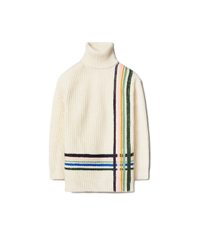 Tory Sport Multi Stripe Merino Wool Oversized Turtleneck Sweater In Snow White Multi Window Pane