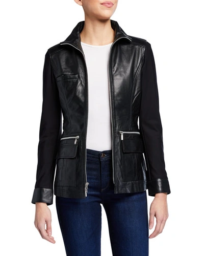 Anatomie Edith Leather Front Jacket W/ Knit Sleeves & Back In Black