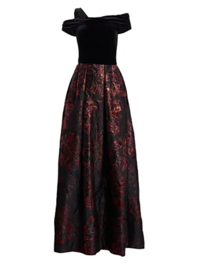 Theia Asymmetrical Velvet Bodice Brocade Skirt A-line Gown In Black Red Grey