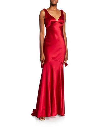 Theia V-neck Sleeveless Drop Waist Satin Gown In Red
