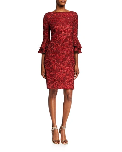Theia Bateau-neck Tiered Bell-sleeve Brocade Shift Dress In Red