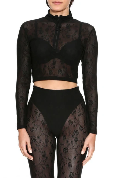 Adam Selman Sport Rose Mesh Long-sleeve Quarter-zip Crop Top In Black