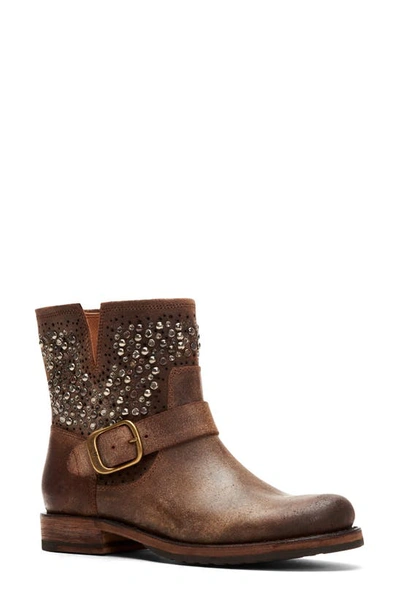 Frye Veronica Beaded Rugged Leather Moto Booties In Chocolate Suede
