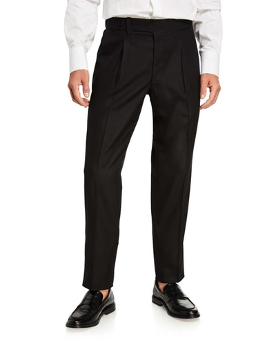 Ambrosi Napoli Men's Single-pleat Wool Trouser Pants, Black