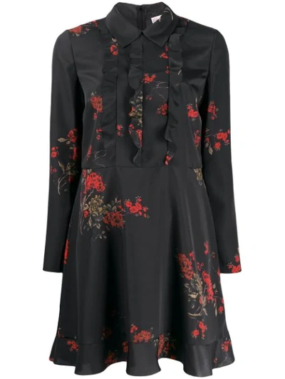 Red Valentino Oriental Flowers Tie-neck Long-sleeve Fit-and-flare Dress In Black