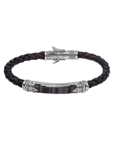 Konstantino 18k Gold/silver Braided Leather Ferrite Bar Bracelet In Black