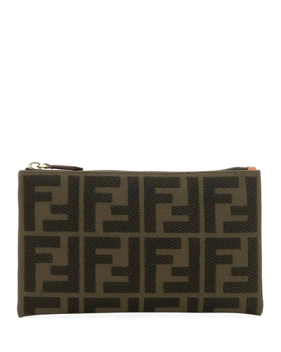 Fendi Ff Small Canvas Embroidered Wallet In Green
