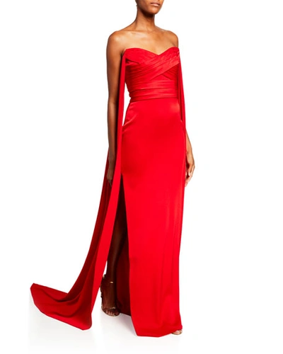 Alex Perry Fletcher Satin-crepe Strapless  Gown With Draping In Red