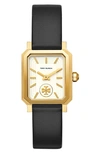 Tory Burch 27mm Robinson Leather Watch W/ Moving Logo, Black In Cream/black