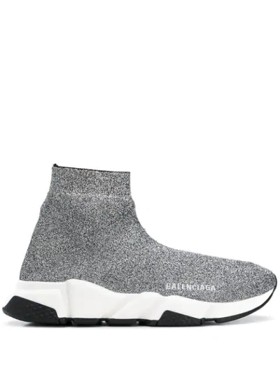 Balenciaga Speed Logo-print Metallic Stretch-knit High-top Sneakers In Silver