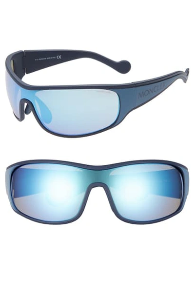 Moncler 77mm Wrap Shield Sunglasses In Blue/ Blue Mirror
