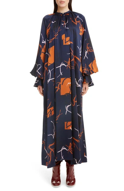 Roksanda Print Long Sleeve Silk Satin Dress In Midnight