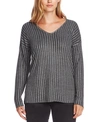 Vince Camuto Metallic Stripe V-neck Sweater In Medium Heather Grey