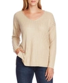 Vince Camuto Ribbed Metallic V-neck Sweater In Flax Heather