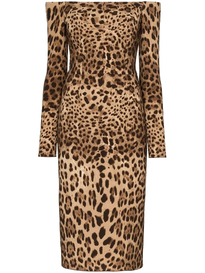 Dolce & Gabbana Off-the-shoulder Leopard Print Midi Dress In Brown