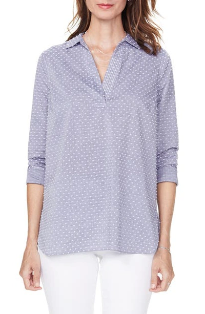 Nydj Swiss Dot Split Neck Cotton Top In Indigo Swiss Dot